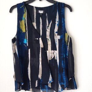 DKNY Women's V Neck Chiffon Handkerchief Bottom Blue Black Tan Sleeveless Top